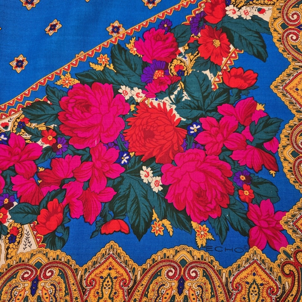Echo 100% Wool Scarf 34" Square Floral Paisley Plaid Challis Blue Multicolor NWT - Picture 9 of 12